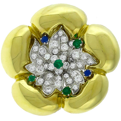 Art Deco and 1960s Diamond Emerald and Sapphire Gold and Platinum Pin