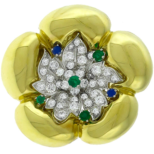 Art Deco and 1960s Diamond Emerald and Sapphire Gold and Platinum Pin