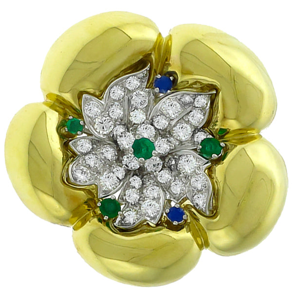Art Deco and 1960s Diamond Emerald and Sapphire Gold and Platinum Pin