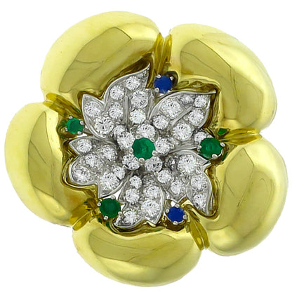 Art Deco and 1960s Diamond Emerald and Sapphire Gold and Platinum Pin