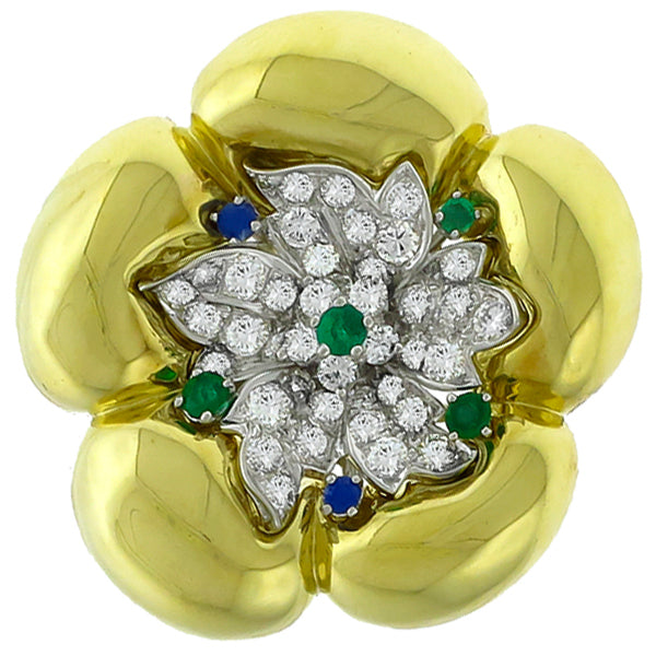 Art Deco and 1960s Diamond Emerald and Sapphire Gold and Platinum Pin