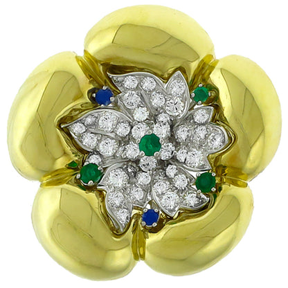 Art Deco and 1960s Diamond Emerald and Sapphire Gold and Platinum Pin