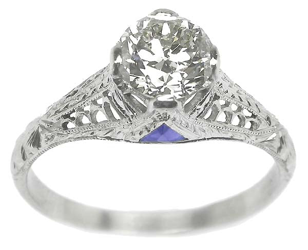Art Deco 1ct Diamond & Sapphire Platinum Engagement Ring