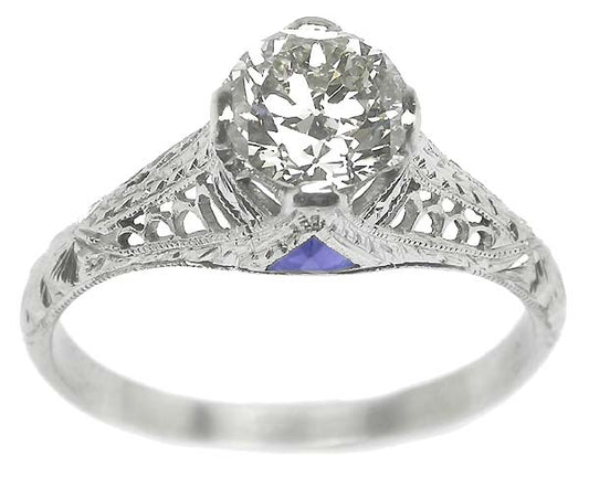 Art Deco 1ct Diamond & Sapphire Platinum Engagement Ring
