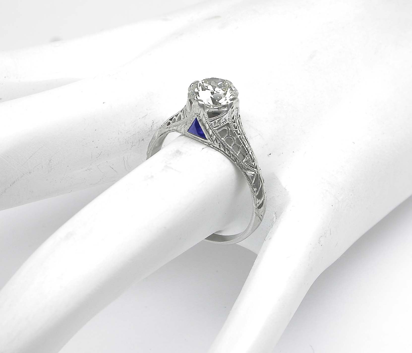 Art Deco 1ct Diamond & Sapphire Platinum Engagement Ring