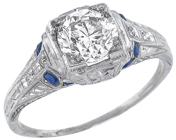 Art Deco 1ct. Round Brilliant Diamond Sapphire Platinum Engagement Ring