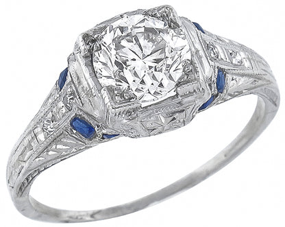 Art Deco 1ct. Round Brilliant Diamond Sapphire Platinum Engagement Ring