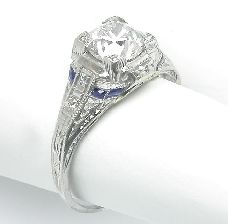 Art Deco 1ct. Round Brilliant Diamond Sapphire Platinum Engagement Ring