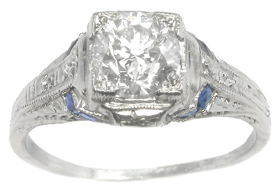 Art Deco 1ct. Round Brilliant Diamond Sapphire Platinum Engagement Ring