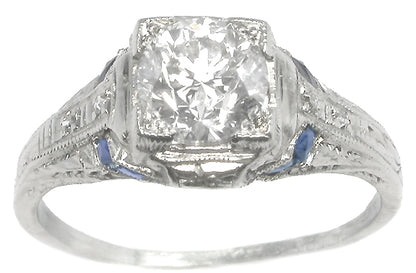 Art Deco 1ct. Round Brilliant Diamond Sapphire Platinum Engagement Ring