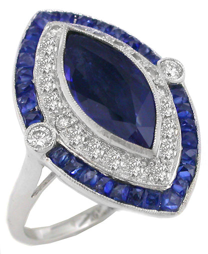 Art Deco 2.16ct Sapphire Diamond 18k White Gold Ring