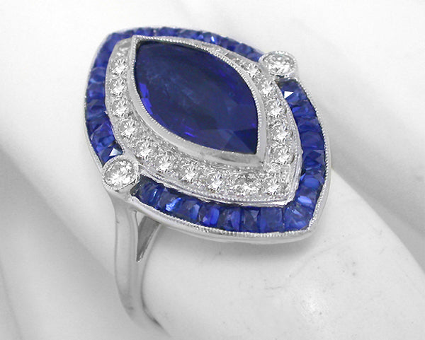 Art Deco 2.16ct Sapphire Diamond 18k White Gold Ring