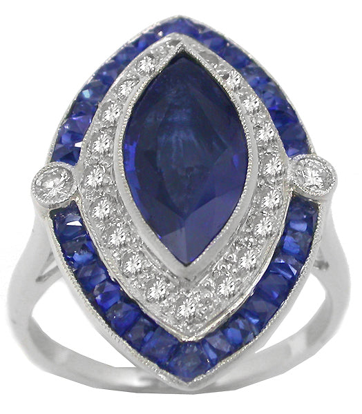 Art Deco 2.16ct Sapphire Diamond 18k White Gold Ring