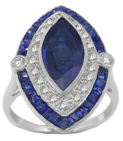 Art Deco 2.16ct Sapphire Diamond 18k White Gold Ring