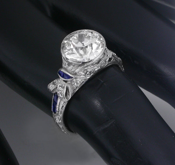 Art Deco 2.42ct Diamond Sapphire Platinum Engagement Ring