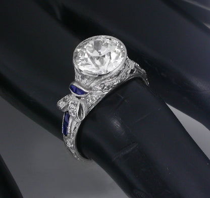 Art Deco 2.42ct Diamond Sapphire Platinum Engagement Ring