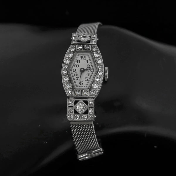 Art Deco 2.50ct Diamond Platinum Gold Watch by Girard Perregaux