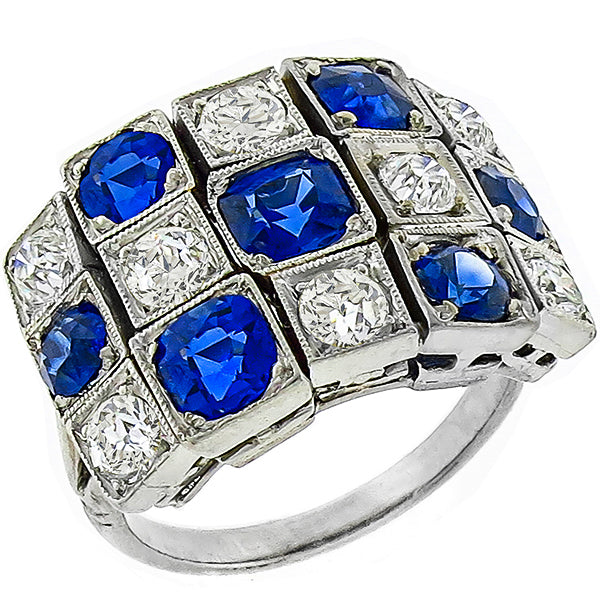 Art Deco Platinum Ceylon Sapphire and Old Mine Cut Diamond Ring