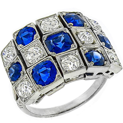 Art Deco Platinum Ceylon Sapphire and Old Mine Cut Diamond Ring
