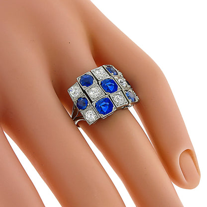 Art Deco Platinum Ceylon Sapphire and Old Mine Cut Diamond Ring