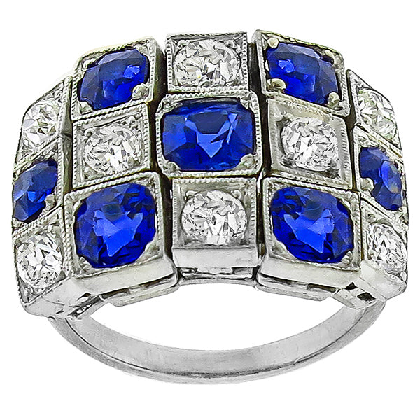 Art Deco Platinum Ceylon Sapphire and Old Mine Cut Diamond Ring