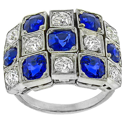 Art Deco Platinum Ceylon Sapphire and Old Mine Cut Diamond Ring