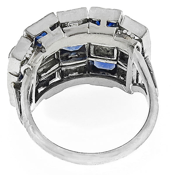 Art Deco Platinum Ceylon Sapphire and Old Mine Cut Diamond Ring
