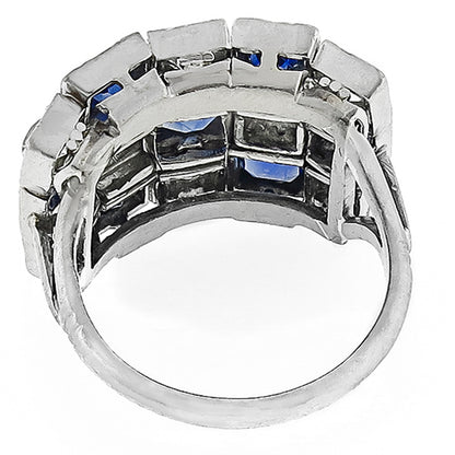 Art Deco Platinum Ceylon Sapphire and Old Mine Cut Diamond Ring