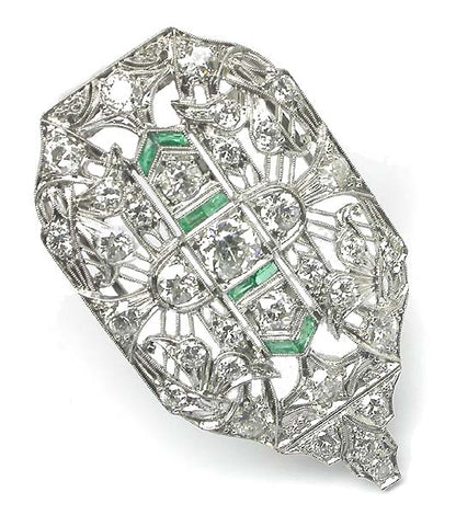 Art Deco 3.20ct Diamond & Emerald Platinum Clip
