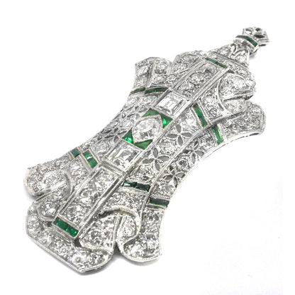 Art Deco 5.50ct Diamond & Emerald Platinum Pin/ Pendant