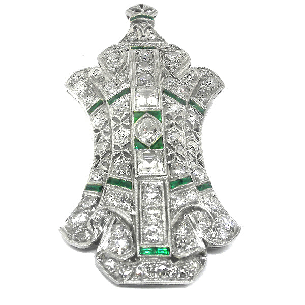 Art Deco 5.50ct Diamond & Emerald Platinum Pin/ Pendant
