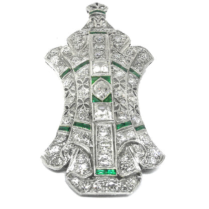 Art Deco 5.50ct Diamond & Emerald Platinum Pin/ Pendant