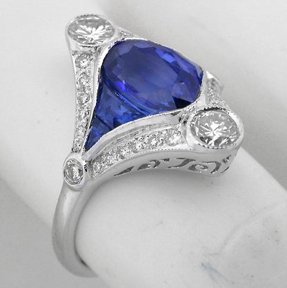 Art Deco Ceylon Sapphire Diamond 18k White Gold Ring