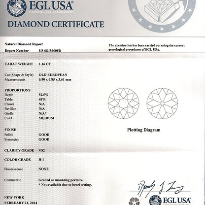 Art Deco  EGL Certified 1.16ct Diamond Platinum Engagement Ring