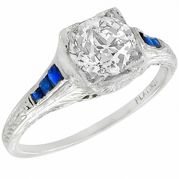 Art Deco EGL Certified 1.33ct Diamond Sapphire Platinum Engagement Ring