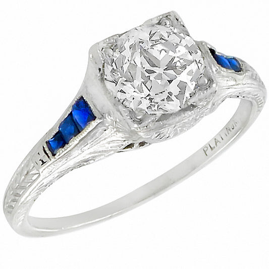 Art Deco EGL Certified 1.33ct Diamond Sapphire Platinum Engagement Ring