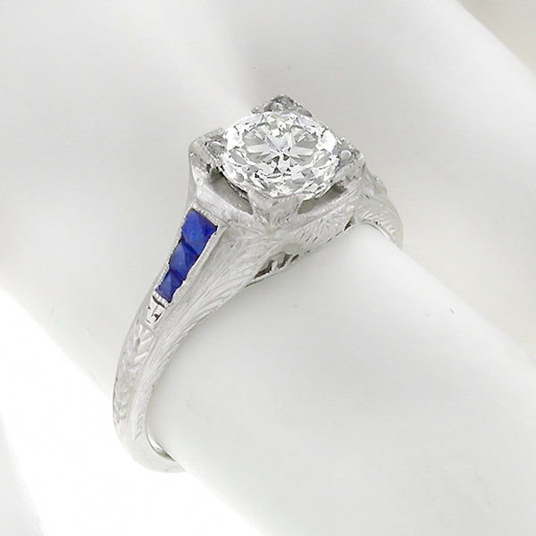 Art Deco EGL Certified 1.33ct Diamond Sapphire Platinum Engagement Ring