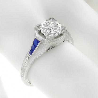 Art Deco EGL Certified 1.33ct Diamond Sapphire Platinum Engagement Ring