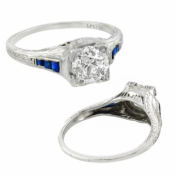 Art Deco EGL Certified 1.33ct Diamond Sapphire Platinum Engagement Ring