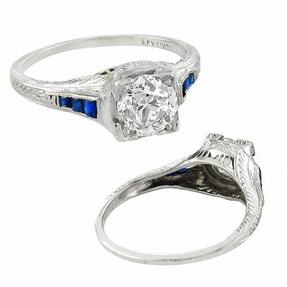 Art Deco EGL Certified 1.33ct Diamond Sapphire Platinum Engagement Ring