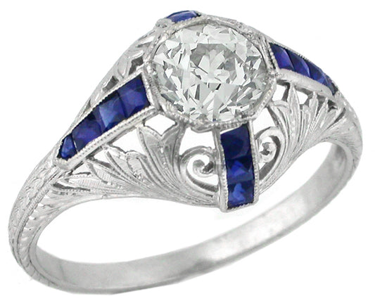 Art Deco EGL H-I VS11.26ct Diamond Sapphire Platinum Engagement Ring