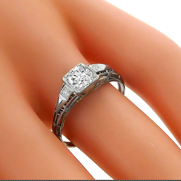 Art Deco GIA 0.53ct Circular Brilliant Diamond 18k White Gold Engagement Ring
