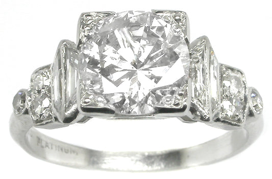 Art Deco GIA G SI2 1.63ct Round Brilliant Diamond  Platinum Engagement Ring