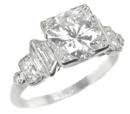 Art Deco GIA G SI2 1.63ct Round Brilliant Diamond  Platinum Engagement Ring