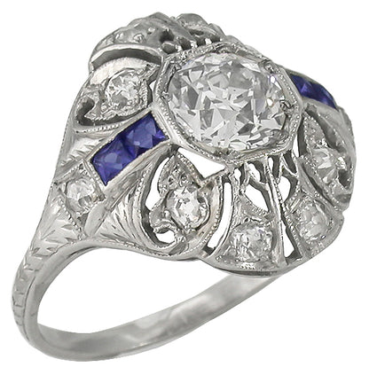 Art Deco GIA I VS2 0.78ct Diamond Sapphire Platinum Engagement Ring