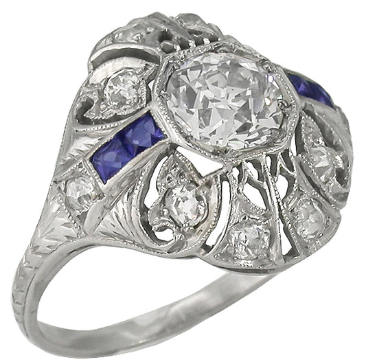 Art Deco GIA I VS2 0.78ct Diamond Sapphire Platinum Engagement Ring