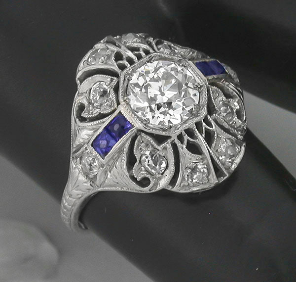 Art Deco GIA I VS2 0.78ct Diamond Sapphire Platinum Engagement Ring