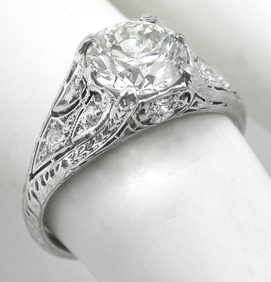 Art Deco GIA J VVS2 1.52ct Round Diamond Engagement Ring