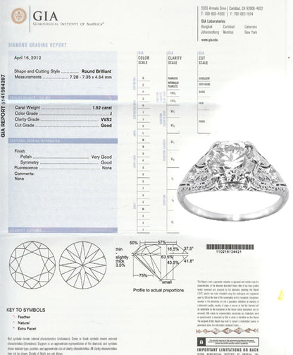 Art Deco GIA J VVS2 1.52ct Round Diamond Engagement Ring