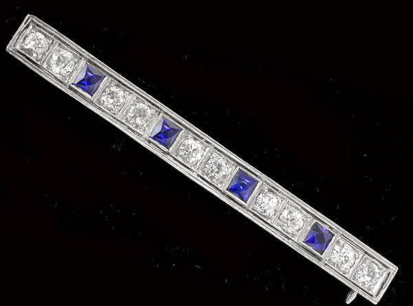Art Deco Platinum Diamond Sapphire Pin
